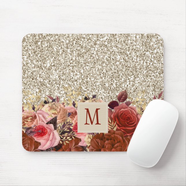 Mousepad Flores Douradas de Rosa de Monograma Leve Dourada  (Com mouse)