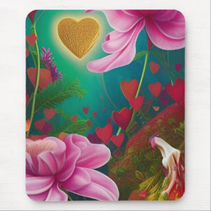 Mousepad Flores e Corações Vermelhos e Rosa