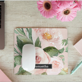 Mousepad Flores e Nome de Aquarela Rosa Modernos Pastel