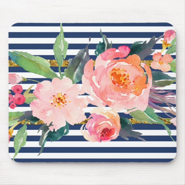 Mousepad Flores em Aquarela Chic Moderno Feminino -Listras (Frente)