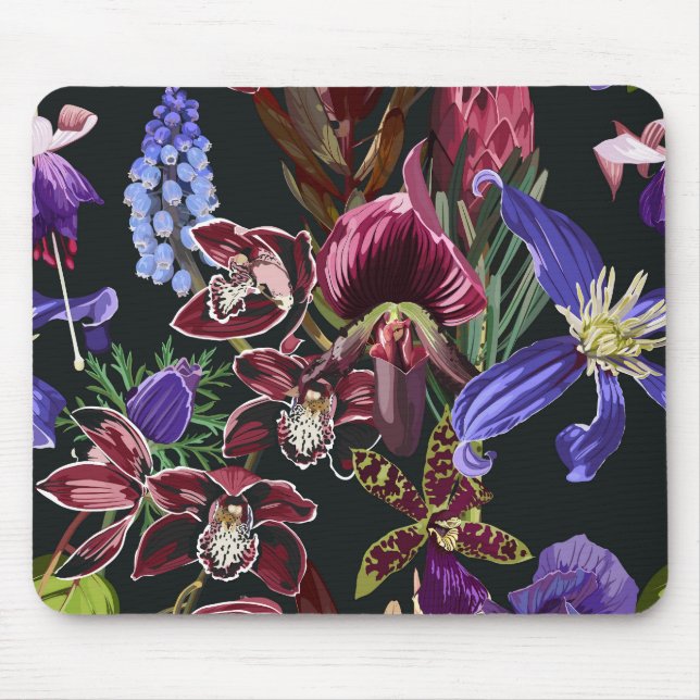 Mousepad Flores escuras exóticas, folhas de palma. (Frente)