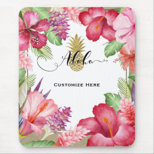 Mousepad Flores Exóticas Tropicais & Abacaxi Dourado Aloha