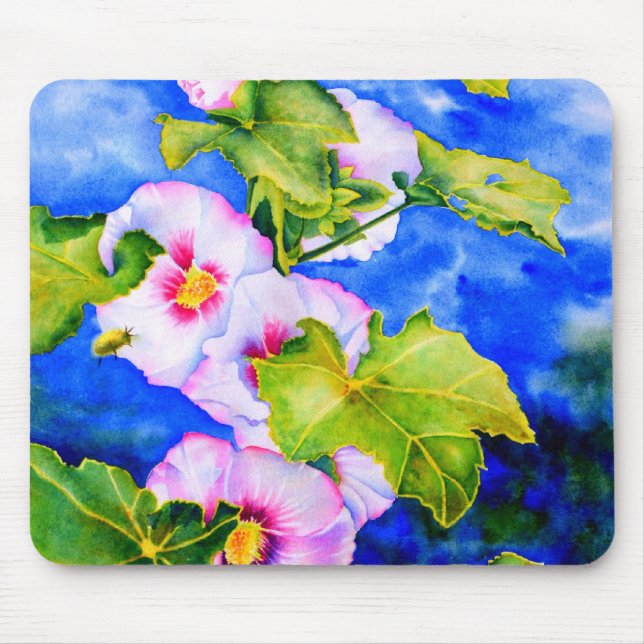 Mousepad Flores florais cor-de-água rosa Elegante Hollyhock (Frente)