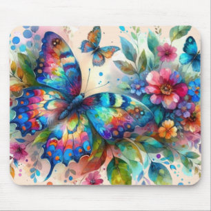 Mousepad Flores Florais De Borboleta De Aquarela Azul Rosa