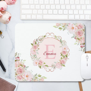 Mousepad Flores Florais Rosa Bege Aquarela Monograma