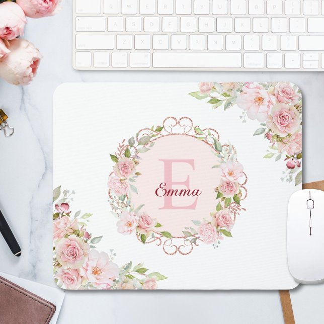 Mousepad Flores Florais Rosa Bege Aquarela Monograma (In situ)