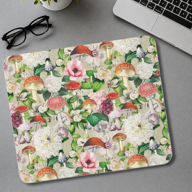 Mousepad Flores fofas cogumelo fungos bege jardim (Criador carregado)