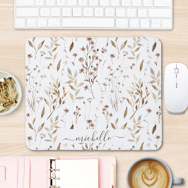 Mousepad Flores Folhas Marrons Aquarela Rústica Elegante