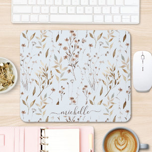 Mousepad Flores Folhas Marrons Aquarela Rústica Elegante