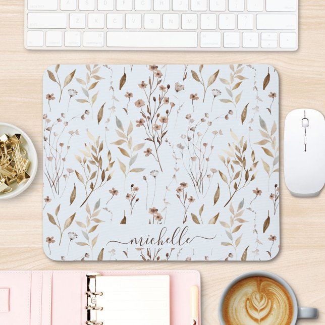 Mousepad Flores Folhas Marrons Aquarela Rústica Elegante (In situ)