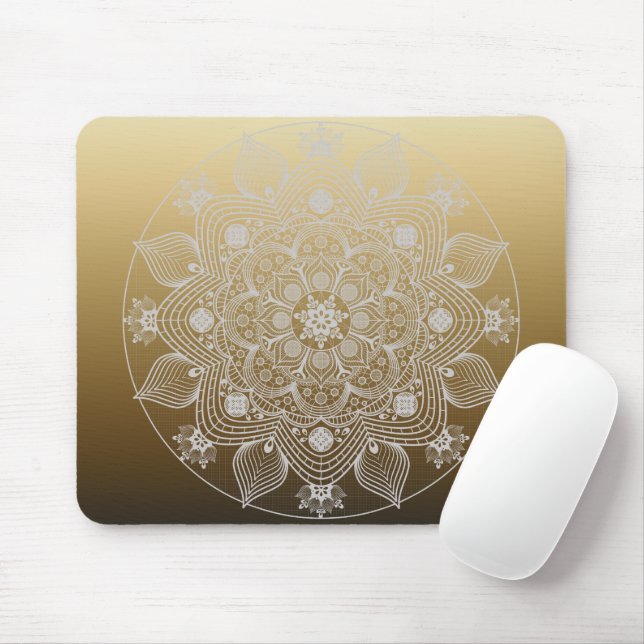 Mousepad Flores, Folhas, Palácio Branco Mandala em Dourado (Com mouse)