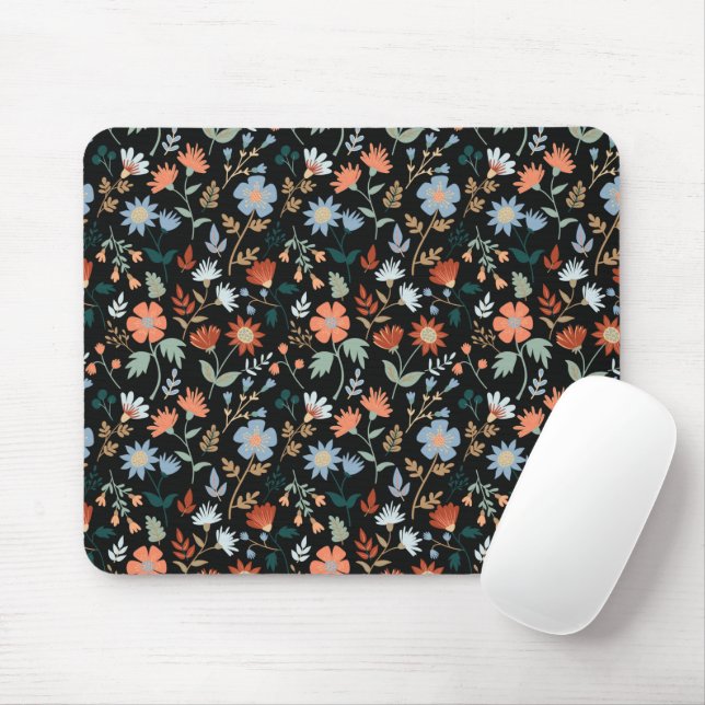 Mousepad Flores Modernas Deixam Flor Azul Laranja Negro (Com mouse)