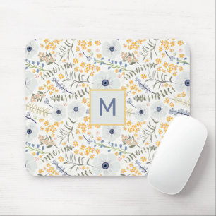 Mousepad Flores Monogramas Padrão Botânico Amarelo Azul