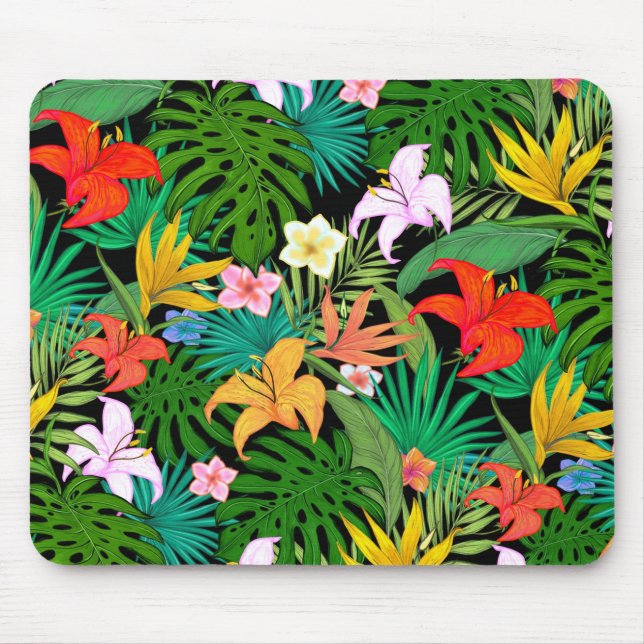 Mousepad Flores Multicoloridas & Folhas de Palmeira em Pret (Frente)
