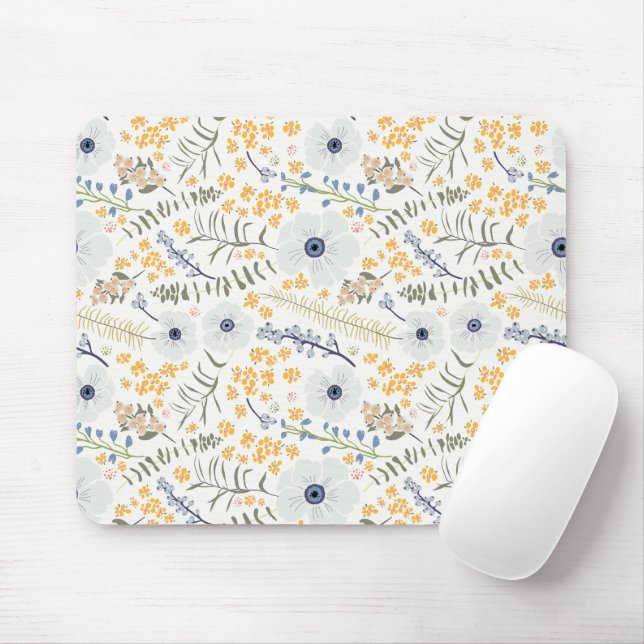 Mousepad Flores Padrão Botânico Amarelo Azul (Com mouse)