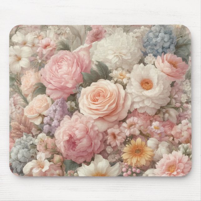 Mousepad Flores Pastel Padrão Floral Rosa Chá Rústico (Frente)