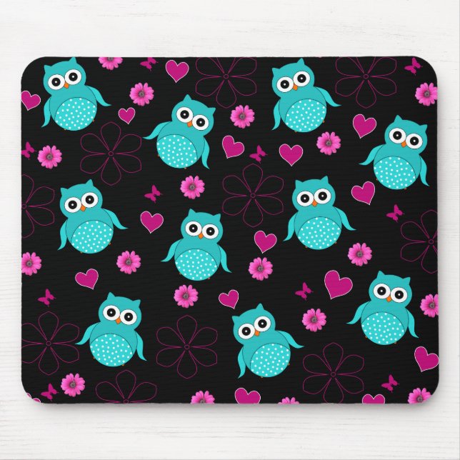 Mousepad Flores pretas dos corações do rosa do teste padrão (Frente)