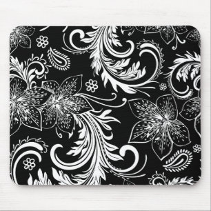 Mousepad Flores retros preto e branco & design dos