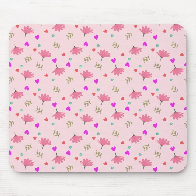 Mousepad Flores Rosa Com Corações (Frente)