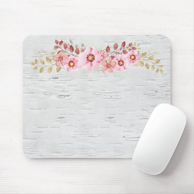 Mousepad Flores Rosa Em Pássaro Branco (Com mouse)