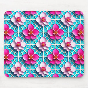 Mousepad Flores Rosa em um Fundo Azul Geométrico