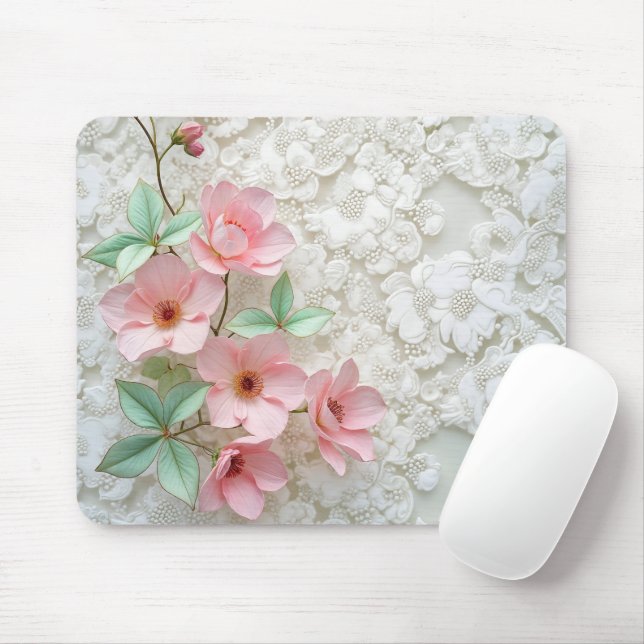Mousepad Flores Rosa No Lace Branca (Com mouse)