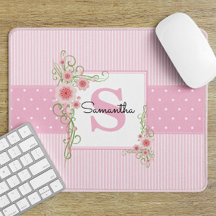 Mousepad Flores Rosa Verde e Listras Monograma
