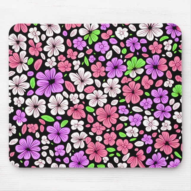 Mousepad Flores Roxas e Rosadas e Padrão de Pétalas Preto (Frente)