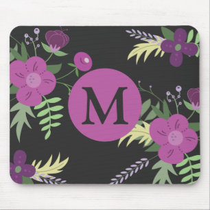 Mousepad Flores Roxas Elegantes Arte sobre Monograma Negro
