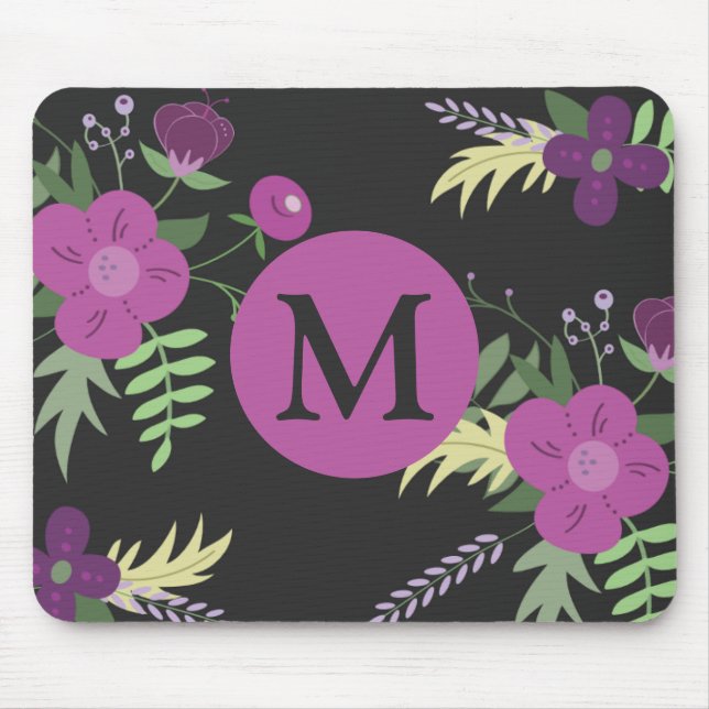 Mousepad Flores Roxas Elegantes Arte sobre Monograma Negro (Frente)