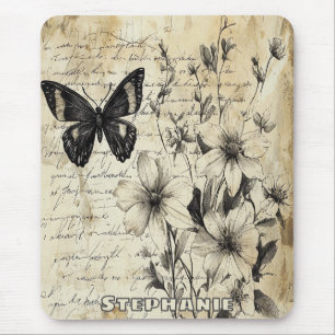 Mousepad Flores russas e borboletas - Papel envelhecido (1)