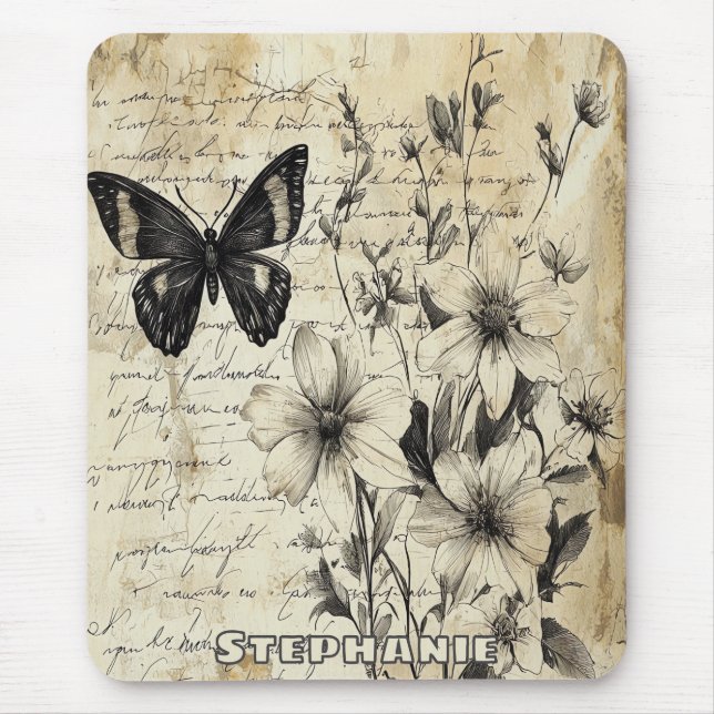 Mousepad Flores russas e borboletas - Papel envelhecido (1) (Frente)