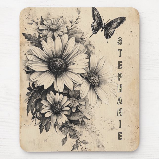 Mousepad Flores russas e borboletas - Papel envelhecido (11 (Frente)