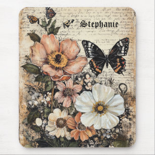 Mousepad Flores russas e borboletas - Papel envelhecido (14