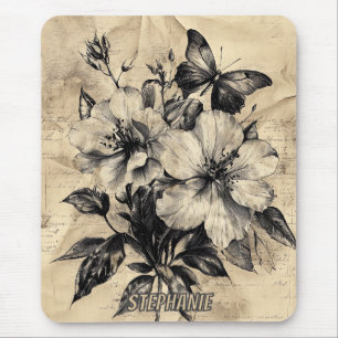 Mousepad Flores russas e borboletas - Papel envelhecido (4)