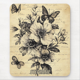 Mousepad Flores russas e borboletas - Papel envelhecido (9)