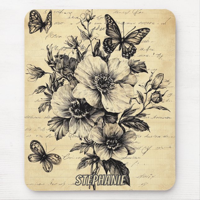 Mousepad Flores russas e borboletas - Papel envelhecido (9) (Frente)