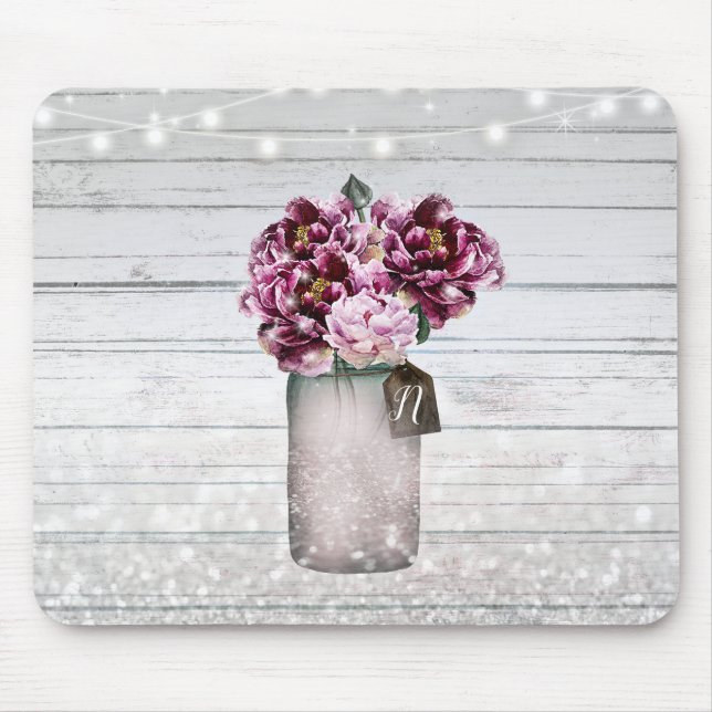 Mousepad Flores Rustic Glamor Wood & Burgundy Mason Jar (Frente)