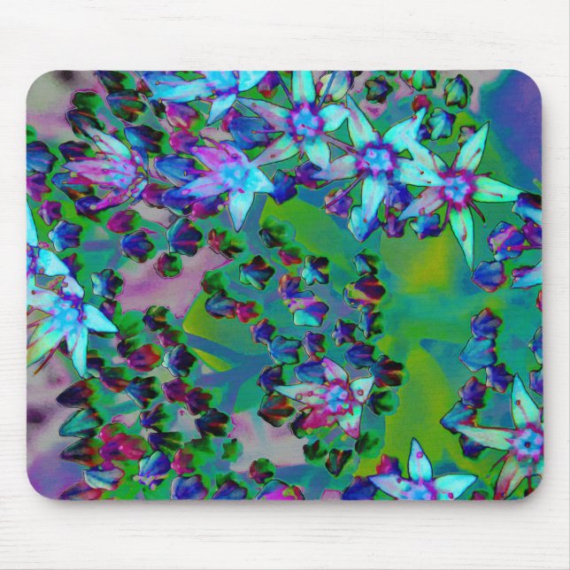 Mousepad Flores-Sedum Sucultas em Aqua, Roxo e Azul (Frente)