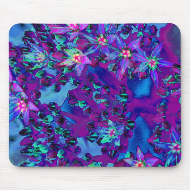 Mousepad Flores-Sedum Sucultas em Teal, Magenta e Azul (Frente)