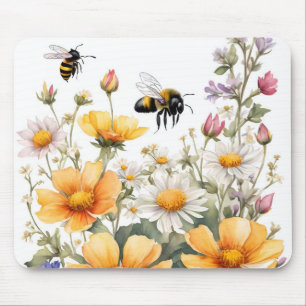 Mousepad Flores Selvagens e Abelhas de Mel Aquarela