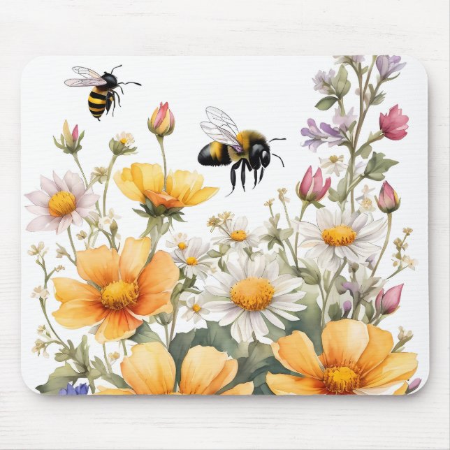 Mousepad Flores Selvagens e Abelhas de Mel Aquarela (Frente)