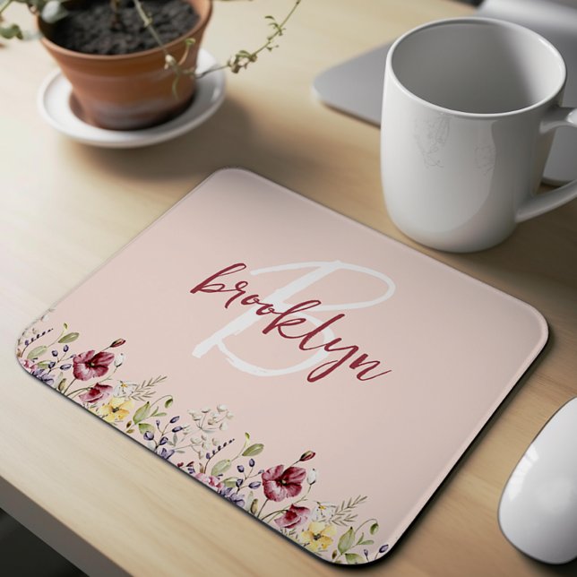 Mousepad Flores Selvagens Monograma Branco Borgonha Rosa Es (Criador carregado)