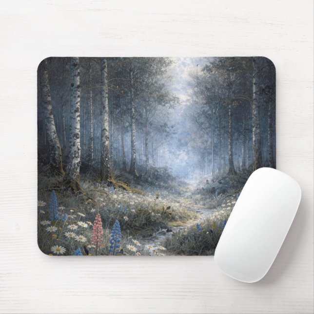 Mousepad Flores silvestres numa floresta de bétulas ao luar (Com mouse)