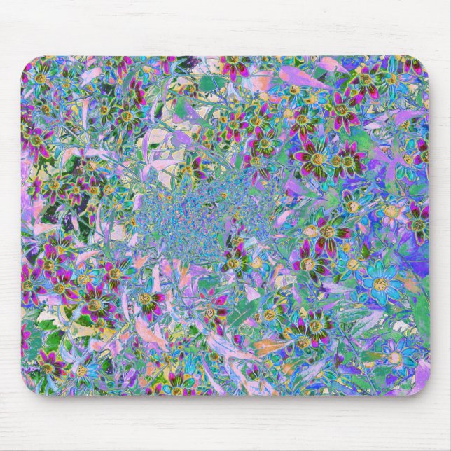 Mousepad Flores Silvestres Retro Roxas, Verdes e Azuis sobr (Frente)