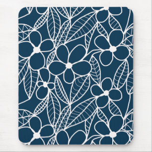 Mousepad Flores Tropicais Azuis Escuros e Brancos
