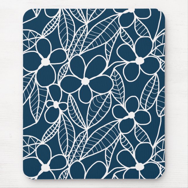 Mousepad Flores Tropicais Azuis Escuros e Brancos (Frente)