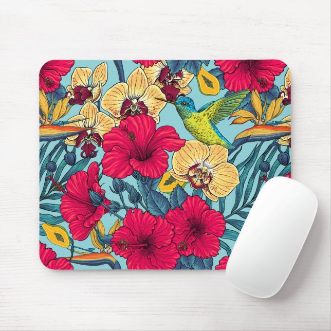 Mousepad Flores Tropicais e Beija-flor - Botanica de Verão (Com mouse)