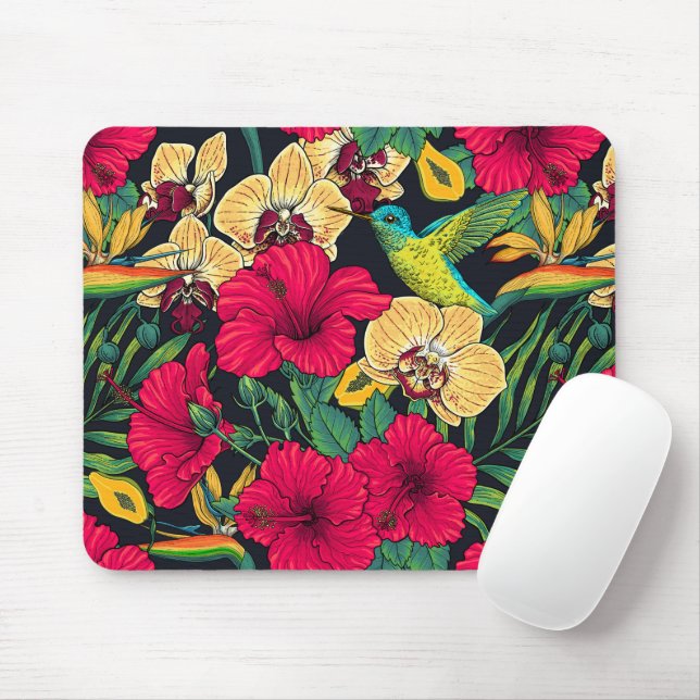 Mousepad Flores Tropicais e Beija-flor - Botanica de Verão (Com mouse)