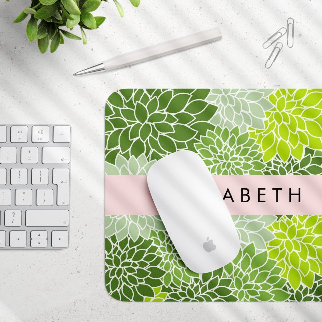 Mousepad Flores Verdes Dahlia, Padrão Floral, Seu Nome (Criador carregado)